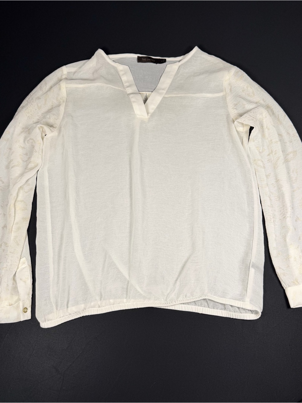 The Limited Lightweight Ivory Blouse Subtle V-Neck Gold Leopard Sleeve Print